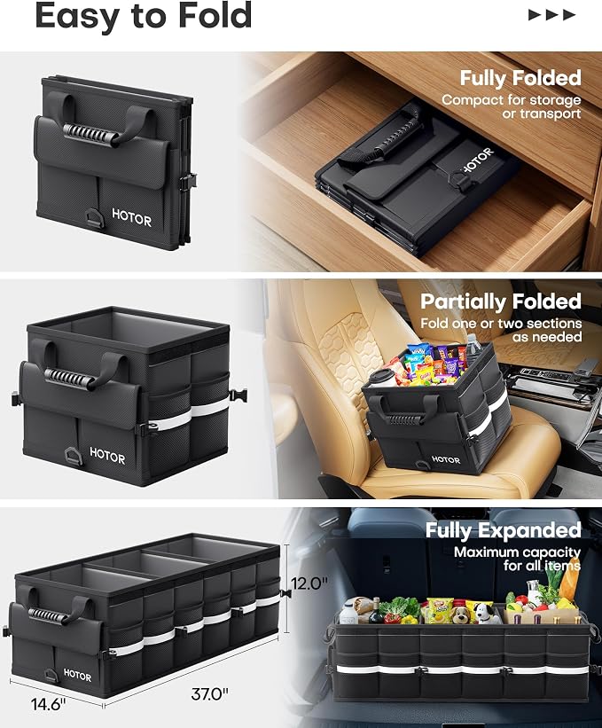 Car Trunk Organizer - Trunk Organizer for SUV with Removable Cooler Bag, Foldable Cover, 3 Compartment Car Storage Essential Car Accessories for Truck, Van & Sedan, Black, 37.0" x 14.6" x 12.0"