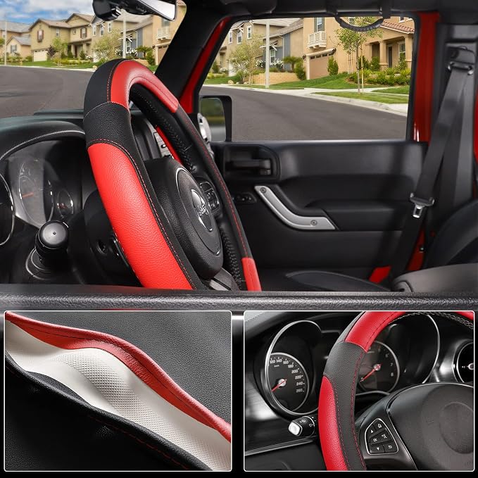 Car Steering Wheel Cover for F-150 Tundra Range Rover 15.5-16 inch, Black and Red Microfiber Leather