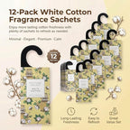 Large 12 Packs White Cotton Hanging Scented Sachets Long-Lasting Closet Deodorizer Air Freshener Fabric Refresher Odor Eliminator for Drawer Home Fragrance Gift Set