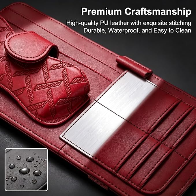 Car Sun Visor Organizer, Multi-Pocket Visor Storage Pouch for Sunglasses, Cards, Pens, Document, Waterproof Leather Auto Interior Organization Accessories, Universal for Most Cars (Red)