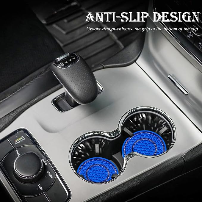 2PCS Bling Crystal Rhinestone Cup Holder Coaster, 2.75 inch Soft Silicone Anti-Slip Shockproof, Car Cup Holder Insert Coasters, Universal Car Interior Accessories for Women (Blue)