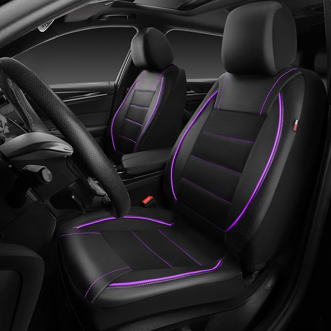 Universal FIT Piping Leather Two Front Seat Covers, Waterproof Faux Leather for SUV Sedan Van Truck, Airbag Compatible,Reserved Opening Holes for Headrest Covers(Black and Purple)