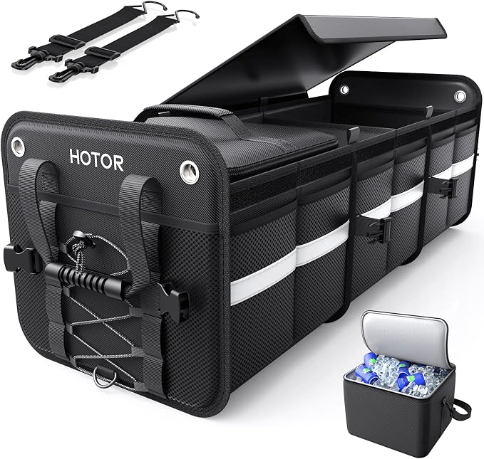 Trunk Organizer - 3-Compartment Car Organizer and Storage with Cooler Bag, Foldable Car Storage Organizer for SUV with Handles & Strap for Shopping, Picnic, 33.1" x 13.0" x 11.8", Black