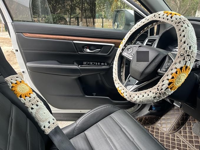 Handmade Crochet Sun Moon Car Steering Wheel Covers Universal 14-15 inch,Cute Steering Wheel Cover,Car Accessories (Wheel Cover+2belt Cover+2Coaster+Hanging)