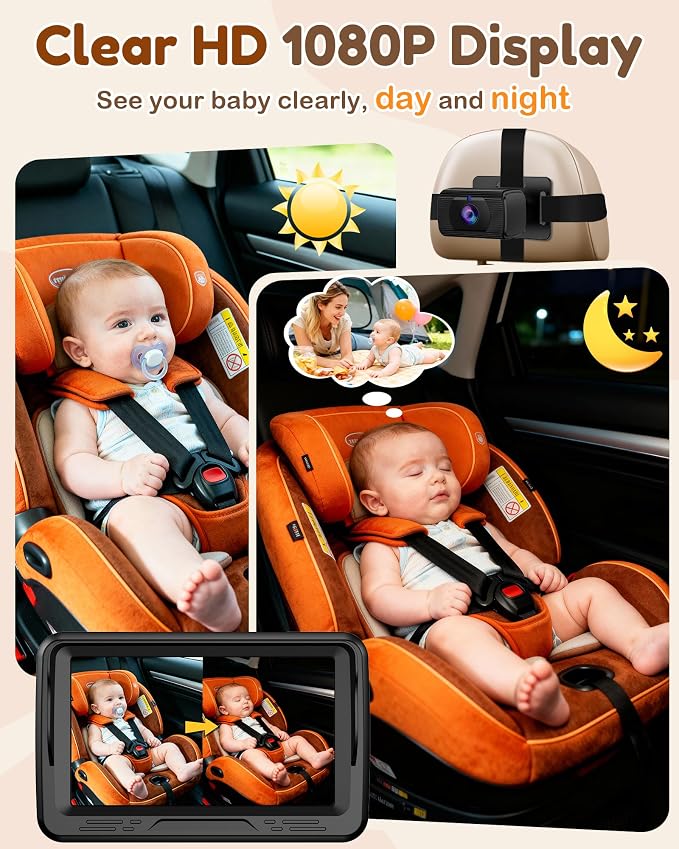 Baby Car Camera HD 1080P - Rear-Facing Infant Monitor with Night Vision Car Camera for Baby 150° Wide-Angle Lens Anti-Glare Screen Easy Install 360° Adjustable Display