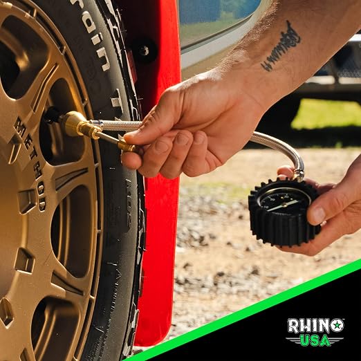 Rhino USA Rapid Tire Deflators with Gauge (0-60psi) Automatic & Adjustable Tire Air Down Tool - Large 2" Easy Read Glow Dial & Solid Brass Hardware - Best Offroad Deflator for Jeep, Truck or ATV