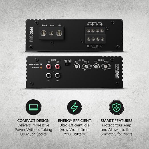 EPICFOUR 4-Channel Amplifier Car Audio 800W RMS, Compact Digital Class D, High/Low Pass Crossover, RCA Line Level Inputs for Aftermarket Radios, Epicenter Link, Smart Auto Protection