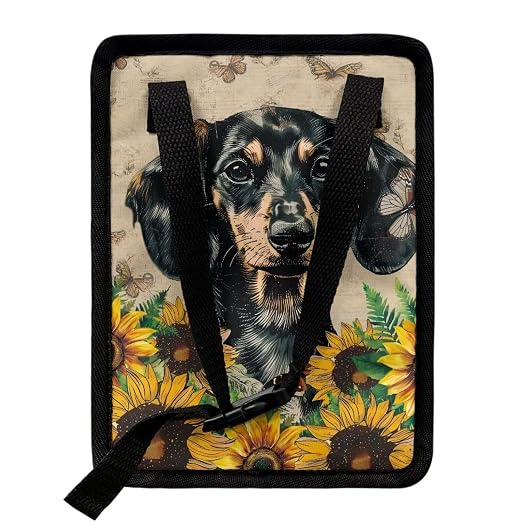 Dachshund Sunflower Butterfly Print Car Trash Can with Lid, Leak Proof Auto Trash Bag Hanging Vehicle Garbage Can Multipurpose Storage Container for Back Seat Road Trip