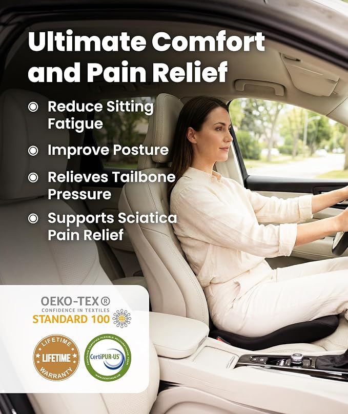 Car Seat Cushion for Driving - Orthopedic Car Cushion for Office, Travel, Gaming Chair Memory Foam Driver Booster for Short People, Non-Slip, Washable Cover, Back & Sciatica Relief