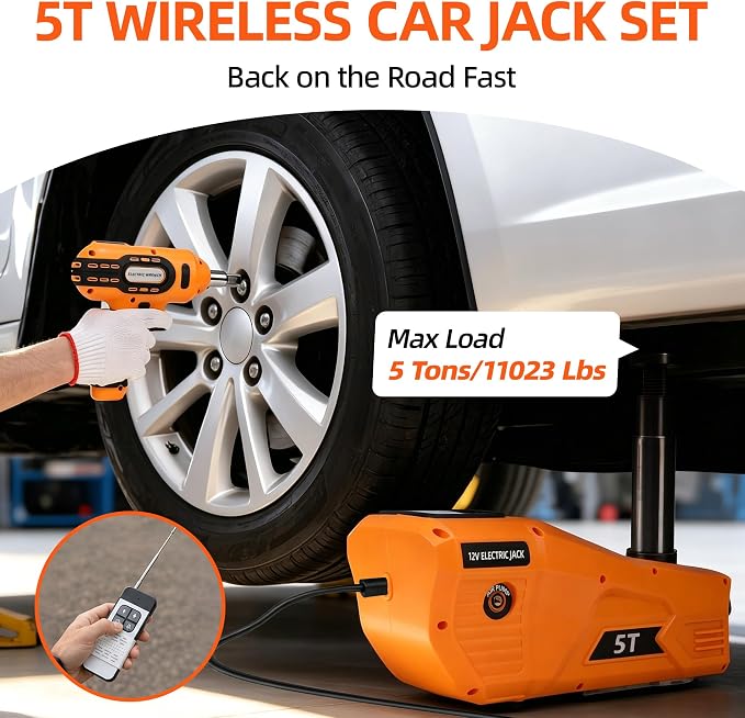 Electric Car Jack 5 Ton 12V Hydraulic Jack Kit with Impact Wrench & Tire Inflator Pump, Wireless Remote & Touch Screen, 3-Mode LED for SUV MPV Sedan Truck – Garage, Roadside, Tire Change