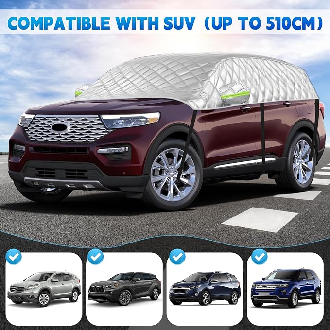 Half Car Cover for XL SUV Sunroof & Windshield Cover for Ice and Snow, All Weather Vehicle Body Cover for Sun, Rain, Dust（157"x59"）