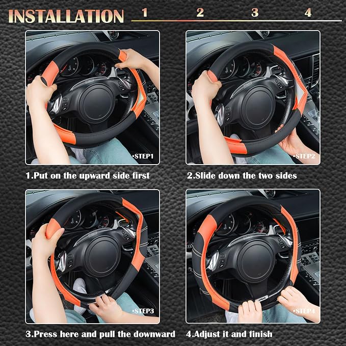 Line Rider Microfiber Leather Sporty Steering Wheel Cover Universal Fits for 95% Truck,SUV,Cars,14.5-15inch Anti-Slip Safety Comfortable Desgin (Black-Orange)