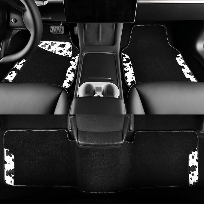 Waterproof Universal 3Pcs Car Floor Mats, Cow Print Car Mats Fit for SUV,Vans,sedans, Trucks,Set of Vehicles Car Carpet with Driver Heel Pad and Nibs Backing, Cute Women Girly (Black White)