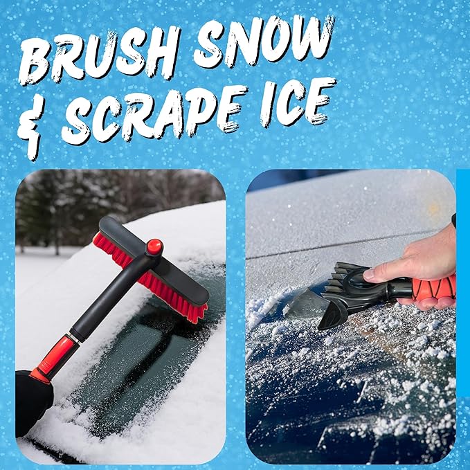 Ice Scraper for Car Windshield with Snow Brush - Telescopic Handle to 28" - Brush End to Clear Snow, Chisel Side for Frost, Claw Side for ICY Chunks