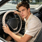 Khaki Checkered Steering Wheel Cover for Women, Steering Wheel Covers with Anti-Slip Lining, Universal 14.5-15 inchs Car Interior Accessories with 2PCS Car Coasters Suitable for Men and Women