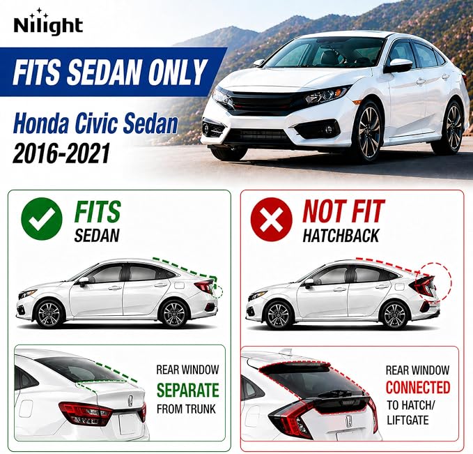 Tape on Rain Guards for Honda Civic Sedan 2016-2021, Not Fit Hatchback, Window Deflectors Window Visors for All Weather, Highway Driving & Ventilation, Smoke Tinted, 4PCS