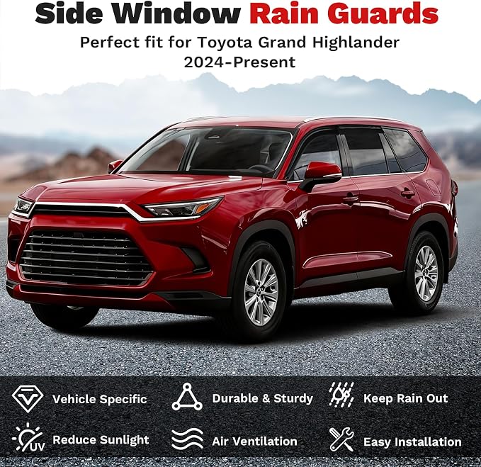 Grand Highlander Rain Guards-Window Visors for Toyota Grand Highlander 2024 2025 2026, Outside-Mount Tape-On Side Window Wind Deflectors for Car Accessories Vent Visors Rainproof Black
