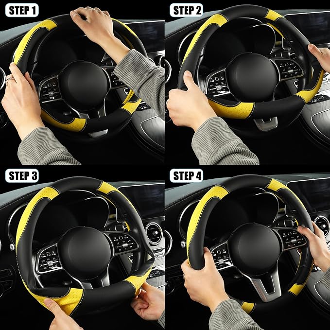 Black Yellow Microfiber Leather D Shaped Steering Wheel Cover | Breathable Anti Slip Grip Cool Sporty Look Glow for Women Men