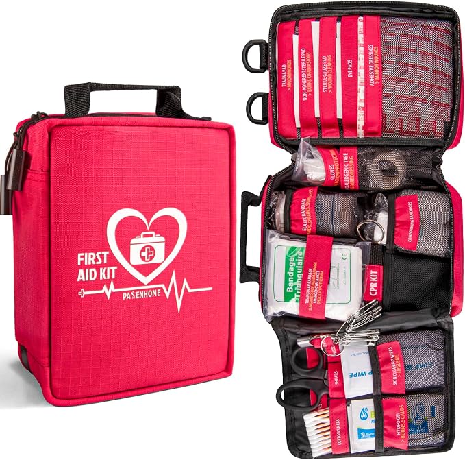 First Aid Kit with Rapid-Response Labeled Compartments, Compact Waterproof Emergency Kit with Molle Straps for Car, Camping, Home, Hiking, Travel