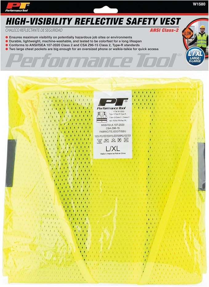 W1580 High-Visibility Reflective Safety Vest, Chest Pockets, Zip Closure, Neon Yellow
