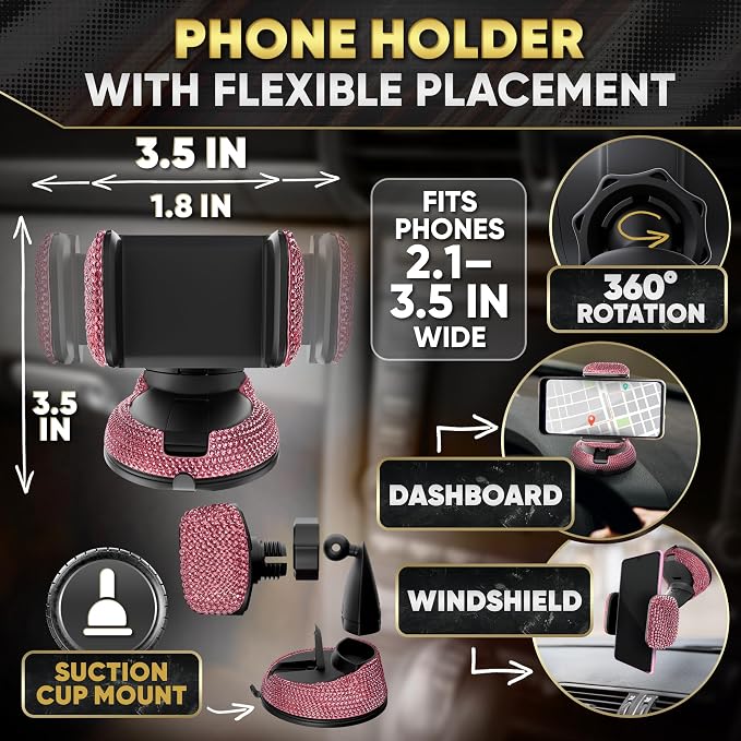 Pink Car Accessories Set, 27 Pieces – Bling Car Accessories for Interior Styling with Rhinestone Details for Daily Use, Universal Fit Kit for Steering Wheel, Vents, Mirror Area, Great Gift for Women
