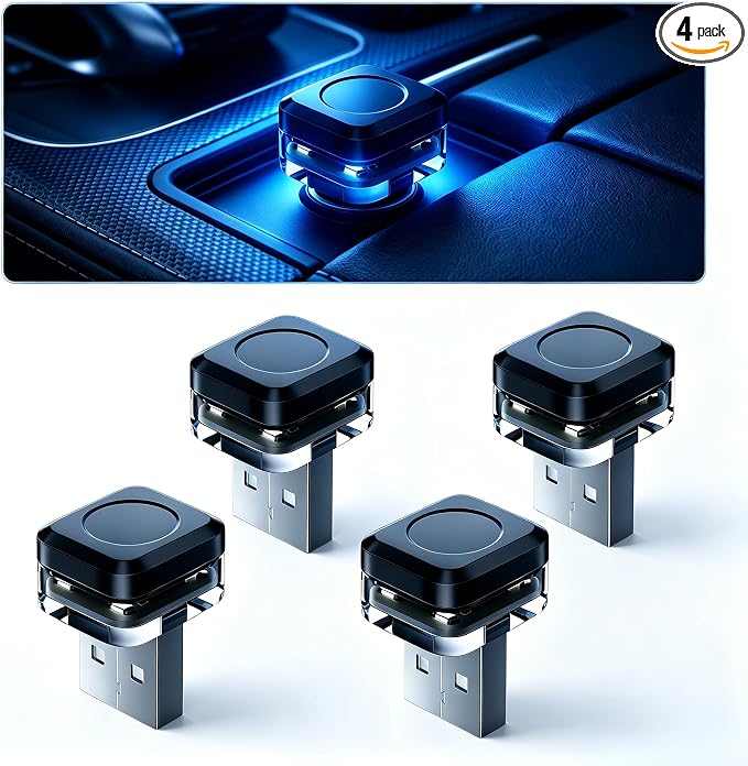 4 PCS Car Interior USB LED Lights, Square Ambient Mood Decorative Lamp, Portable Mini Soft Glow Night Light, Universal Plug and Play Lighting Accessory for Car & Home & Camping (Blue)
