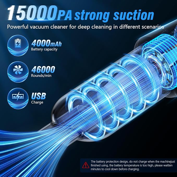 Car Vacuum Cleaner Cordless Rechargeable, Portable Vacuum for Car | 15000Pa suction with blower mode for pet hair, car interiors, keyboards and daily cleanups