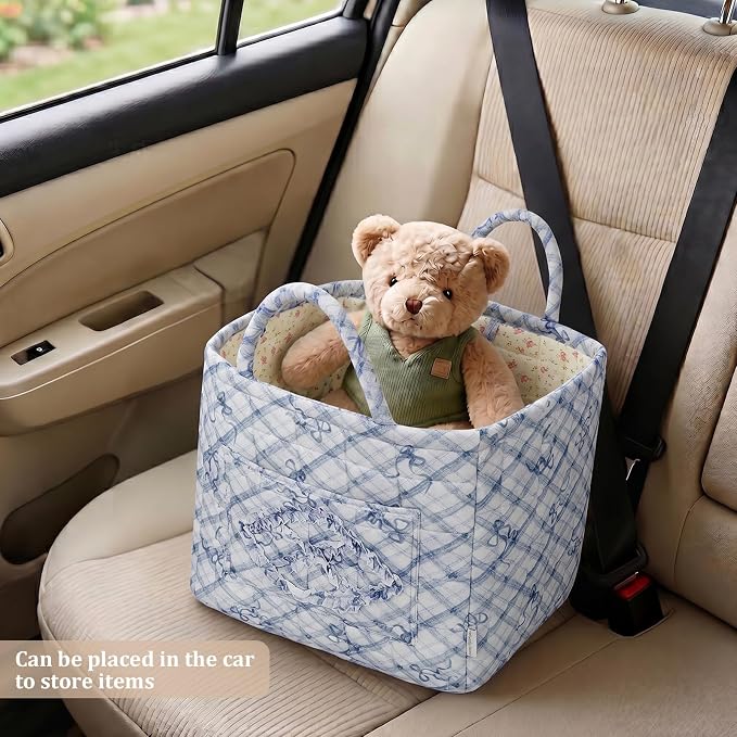 Floral Fabric Storage Basket Car Interior Storage Basket Underwear Sundries Laundry Baskets Supplies Home Organizer Bag (blue bow)