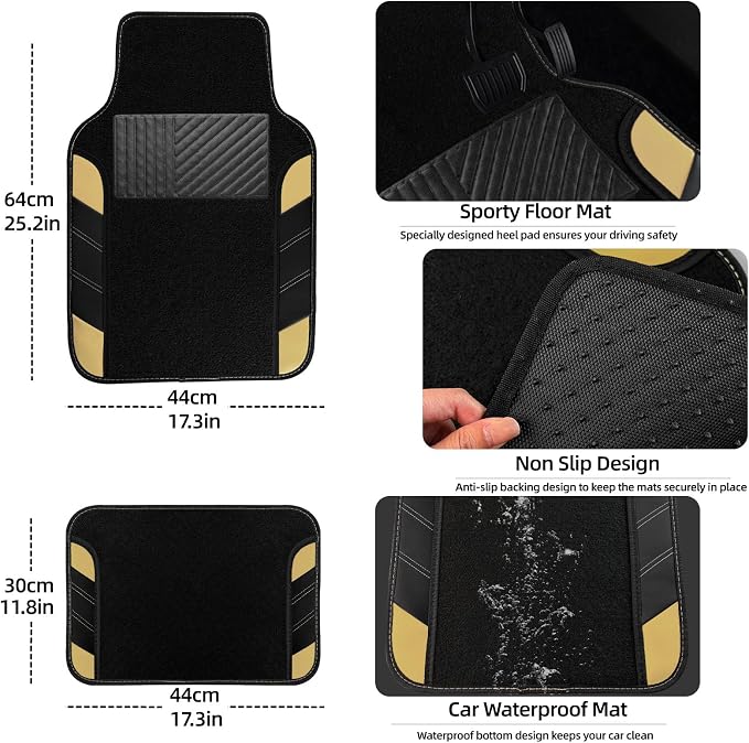 10 Pcs Car Floor Mats Full Set & Sport Leather Steering Wheel Cover 14.5-15 inch, Center Console Cover, Seat Belt Cushion, Cup Holder Coaster, Universal Automobile Interior Sets (Beige)