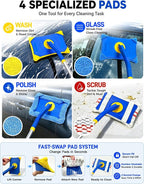 XINDELL Long Reach Windshield Cleaner Tool, 28"-44.5" Extendable Car Glass Cleaner with Curved Pole & Pivot Head, Inside Windshield Cleaner for SUV Truck RV, 4 Microfiber Pads | Curved Pole Pivot Head