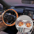 Boho Orange Flowers Steering Wheel Cover with 2 Pcs Car Coasters Neoprene Steering Wheel Cover for Women Men Anti-Slip Breathable Car Accessories Universal 15 Inch Fit Auto Cars Trucks