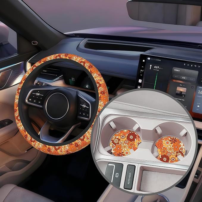 Boho Orange Flowers Steering Wheel Cover with 2 Pcs Car Coasters Neoprene Steering Wheel Cover for Women Men Anti-Slip Breathable Car Accessories Universal 15 Inch Fit Auto Cars Trucks