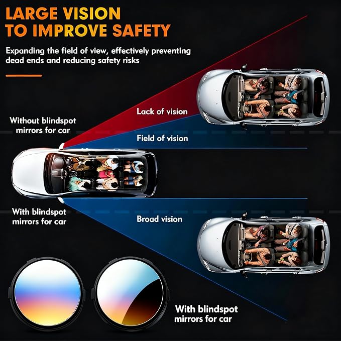 Blind Spot Mirrors 2 Pack, HD Glass Convex Blindspot Mirror with Vacuum Suction Cup, Side Mirror Blindspot with Wide Angle Adjustable for Cars, SUVs, Trucks, and Motorcycles