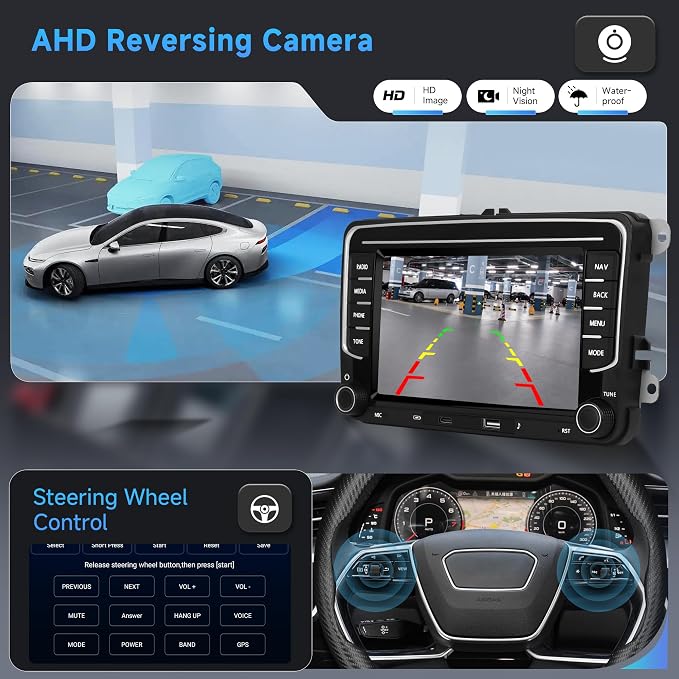 4G 64G Android Car Stereo for VW Passat Golf MK5 MK6 Jetta T5 EOS Polo Touran Seat Sharan Wireless Carplay Android Auto, 7'' Touchscreen Car Radio with GPS/BT 5.0/5G-WIFI/32EQ FM Backup Camera SWC