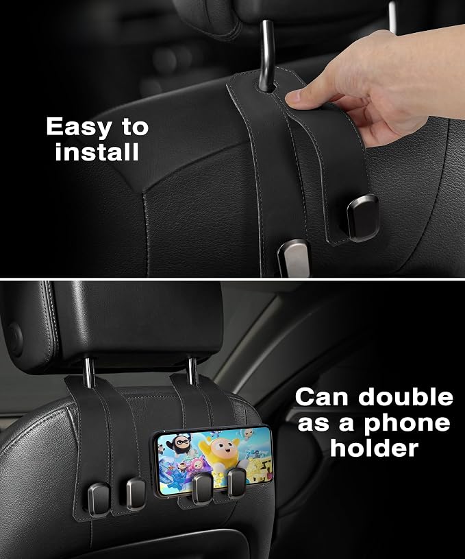 Car Hooks for Headrest, 4PCS Car Purse Hooks Luxurious Leather 100% Metal Car Hangers for Seat Multifunctional Car Bag Hook Car Seat Back Storage Hook Accessories (Black)