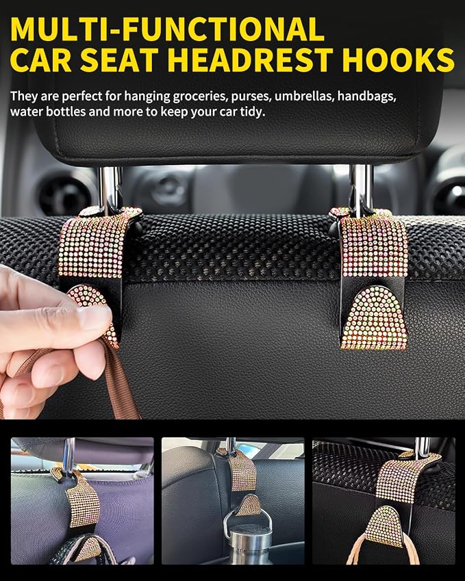 4 Pack Blink Diamond Car Seat Headrest Hooks Crystal Rhinestone Car Purse Holder Universal Car Interior Accessories for Handbags Water Bottles Purse Coats Umbrellas, Colorful