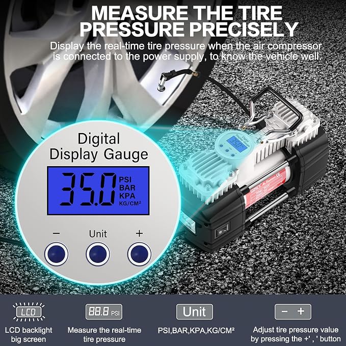Digital Portable Tire Inflator Heavy Duty 12V Air Compressor Pump | 6X Faster Inflation Auto-Shut Off Dual Cylinder Metal Air Pump w/Extension Hose & Adapter for Car,SUV,Truck,RV,Van,Ball