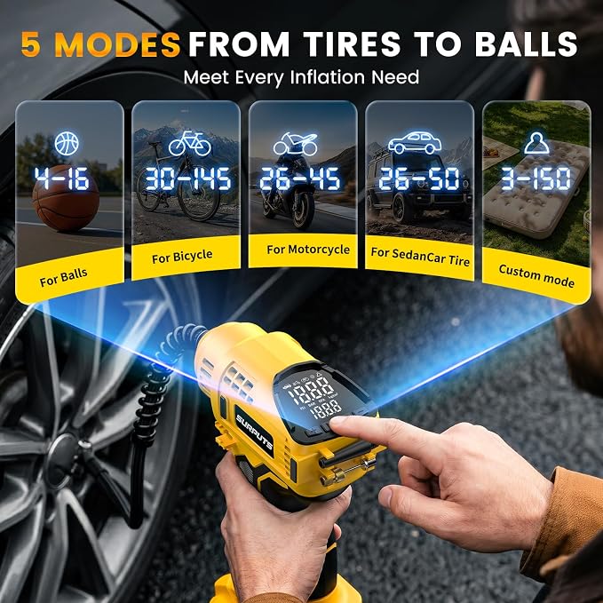 Tire Inflator Air Compressor Compatible with Dewalt 20V Battery, 150PSI Cordless Portable Air Pump with Digital & Auto Shut-Off, LED Light for Car Motorcycles Bike Ball (Tool Only) (Yellow)