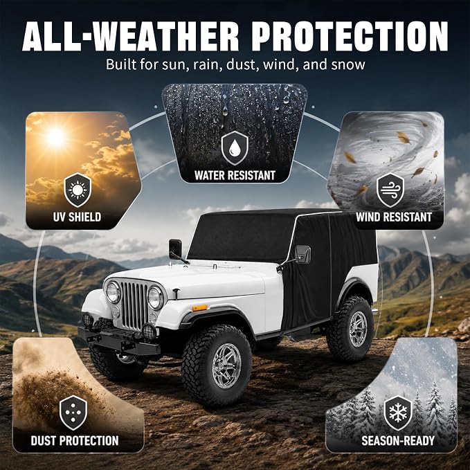 600D Cab Cover Windproof Sunshade Cover Compatible with Jeep Wrangler CJ7 1976-1986 2 Door, 6-Layer Protection Frost Wiper & Mirror Covers Protect from Sunshine, UV, Snow, Rain
