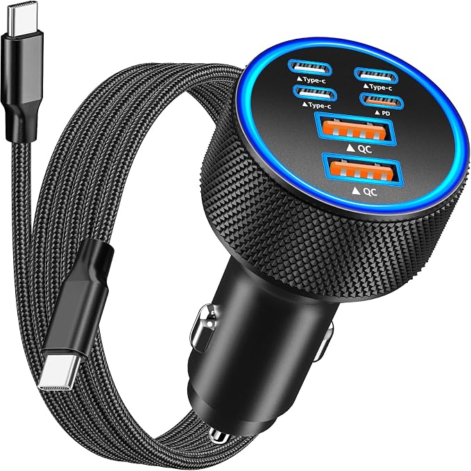 [Apple MFi Certified] iPhone 17 Car Charger, 6-Port 120W USB-C&USB-A Power Cigarette Lighter PD/QC Multiport Fast Car Charger + Type-C Braided Cord for iPhone 17 Pro/16/15/Galaxy S26/S25/Pixel