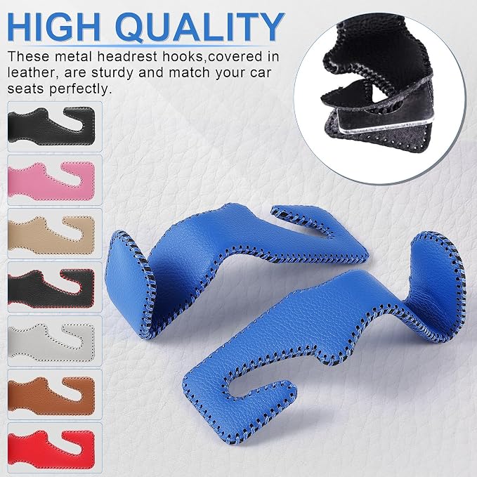 Blue Superior Leather Car Seat Back Headrest Hook, Auto Seat Hook Hangers Interior Accessories for Purse Coats Umbrellas Grocery Bags Handbag, 2-Pack