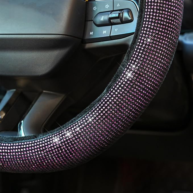 Steering Wheel Cover for Women Bling Bling Crystal Diamond Sparkling Car SUV Wheel Protector Universal Fit 15 Inch Black with Pink Diamond