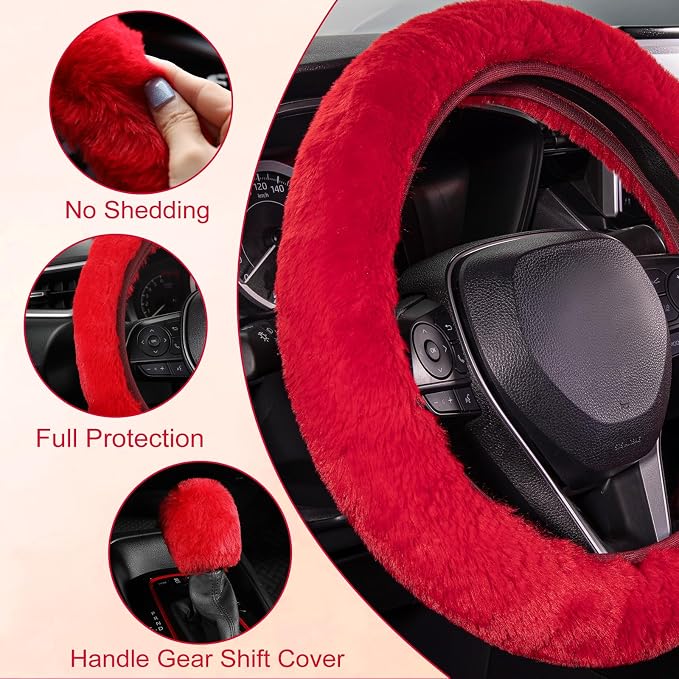 Furry Car Steering Wheel Cover with Fluffy Gear Shift Cover Soft Warm Non-Slip Car Decoration for Women Girls 2 PCS Set, Red
