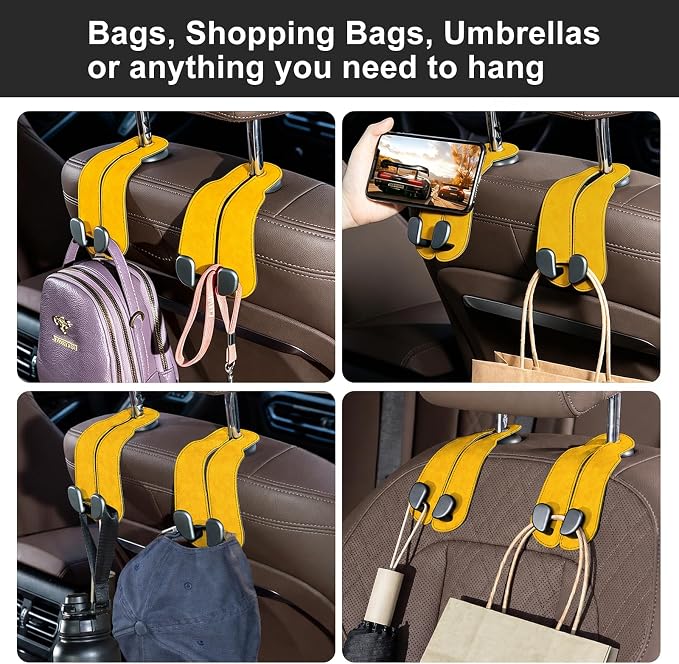 CoBak Purse Hook for Car - Universal Premium Stitched Leather and Aluminum-Magnesium Alloy Double Car Seat Back Storage Hook for Purses, Handbags, Bags (2 Pack),Bright Yellow