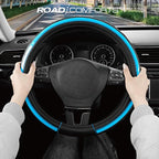 Leather Steering Wheel Cover – Black & Blue, Universal Fit 14.5-15 Inch, Microfiber Leather, Anti-Slip & Breathable Design for Men and Women