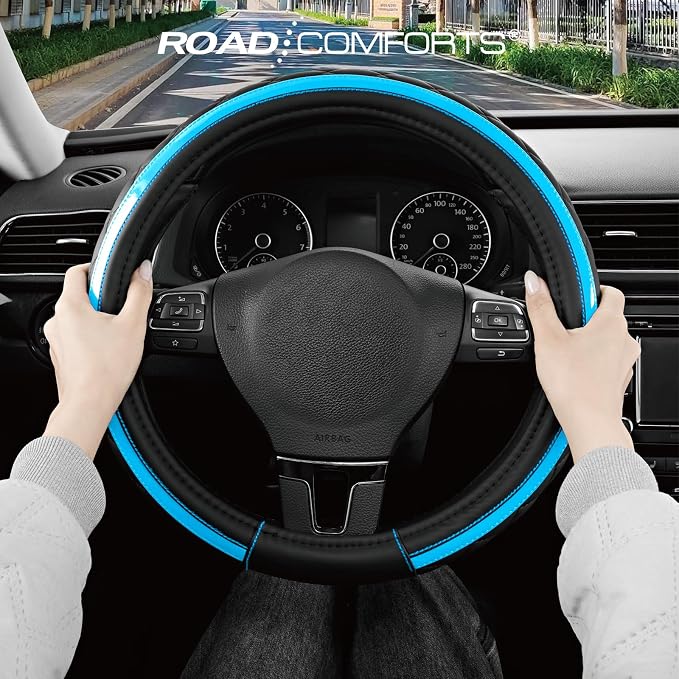Leather Steering Wheel Cover – Black & Blue, Universal Fit 14.5-15 Inch, Microfiber Leather, Anti-Slip & Breathable Design for Men and Women