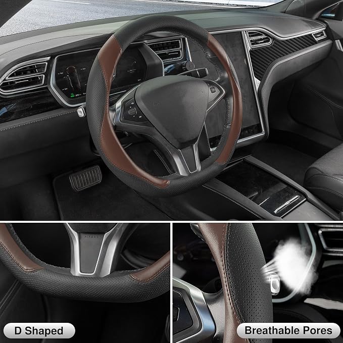 D Shaped Steering Wheel Cover, Flat Bottom Car Wheel Cover 14 1/2-15 in. (37-39 cm), Black and Mocha Brown Microfiber Leather