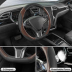 D Shaped Steering Wheel Cover, Flat Bottom Car Wheel Cover 14 1/2-15 in. (37-39 cm), Black and Mocha Brown Microfiber Leather