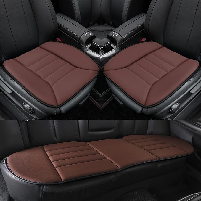 3-Piece Car Seat Cushion Set, 1.2inch Memory Foam Comfort, 2 Front Automotive Seat Cushions + Rear Bench Cushion, Non-Slip Bottom, Fits Sedan SUV Truck Van, Car & Office Chair, Brown