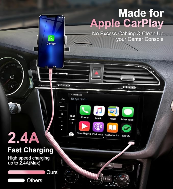 iPhone Charger Cable for Car 3FT, 2Pack Coiled Coiled Lightning Cable [Apple MFi Certified] iPhone Cable Compatible with iPhone14/13/12/11 Pro Max/XS MAX/XR/XS/X/8/7/Plus-Pink